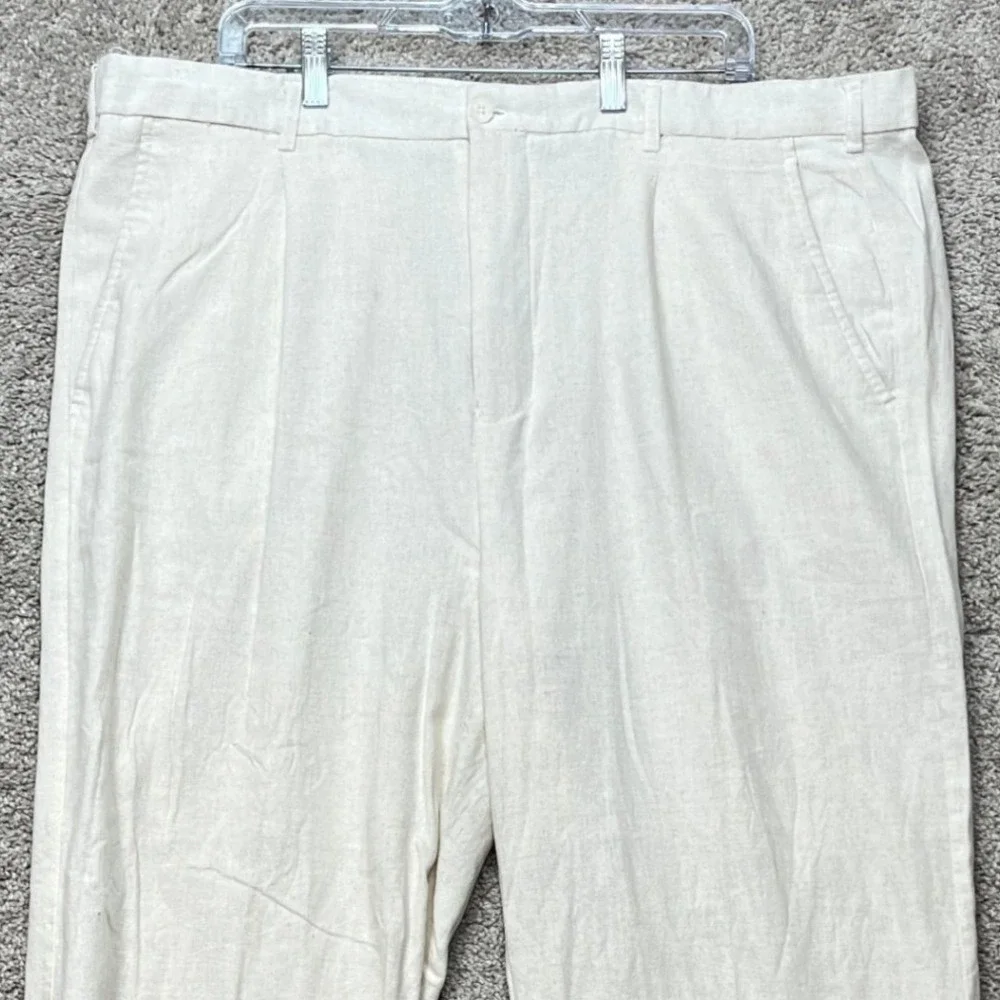 Trust Pants Mens 42x30 Beige Pleated Straight Leg Trousers Linen Blend EUC